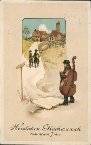 Ak Glückwunsch Neujahr, Mann mit Kontrabass, Wegweiser