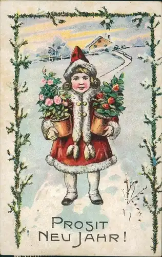 Ak Glückwunsch Neujahr, Mädchen, Blumen, Tannenzweige