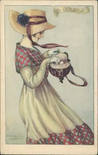 Künstler Ak Junge Frau mit Handtasche, Hut
