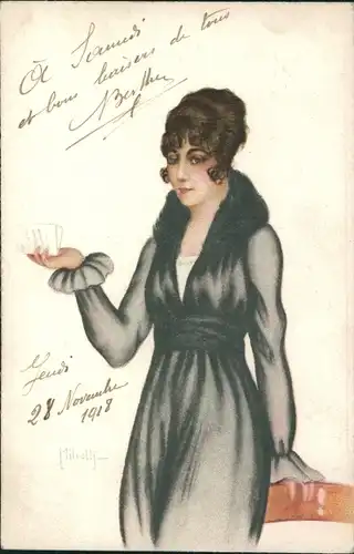 Künstler Ak Miliotti, Frau im schwarzen Kleid mit Brief