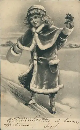 Ak Mädchen im Wintermantel, Stechpalmenzweige, Muff