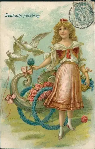 Präge Litho Mädchen, Füllhorn auf Rädern, Tauben, Vergissmeinnicht, Rosen