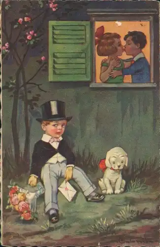 Künstler Ak Colombo, Liebespaar am Fenster, abgewiesener Verehrer