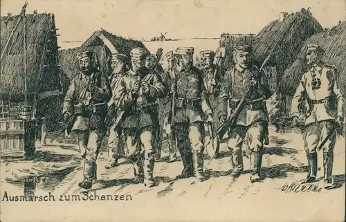 Künstler Ak Ausmarsch zum Schenzen, Deutsche Soldaten in Uniformen, I WK