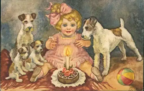 Künstler Ak Kleines Mädchen, Geburtstagskuchen, Terrier, Hundewelpen