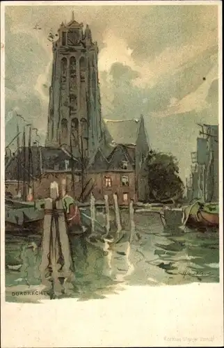 Künstler Litho Cassiers, H., Dordrecht Südholland, Fluss, Turm, Boote