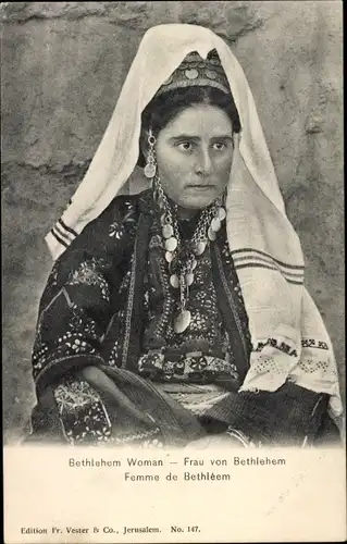 Ak Bethlehem Palästina, Frau in Volkstracht, Portrait