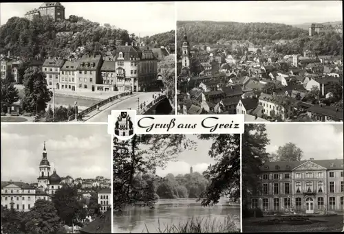 Ak Greiz im Vogtland, Oberes Schloss, unteres Schloss, Stadtkirche, Parksee, Sommerpalais, Wappen