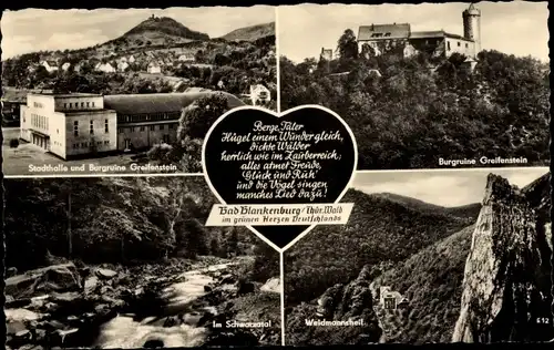 Ak Bad Blankenburg in Thüringen, Burg Greifenstein, Stadthalle, Weidmannsheil, Schwarzatal