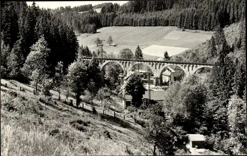 Foto Ak Wurzbach im Saale Orla Kreis, Teilansicht der Ortschaft mit Viadukt, Bärenmühle