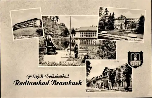 Ak Bad Brambach im Vogtland, FDGB-Volksheilbad, Festhalle, Joliot-Curie-Haus, Wappen, Vogtlandhaus