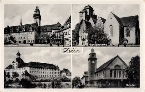 Ak Zeitz im Burgenlandkreis, Rathaus, Michaeliskirche, Moritzburg, Bahnhof