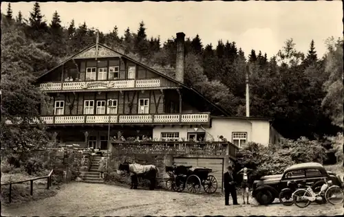 Ak Tabarz Thüringer Wald, Schweizerhaus, Kutsche, Auto, Motorrad