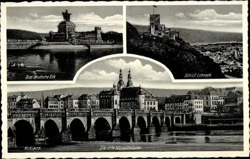 Ak Koblenz am Rhein, Deutsches Eck, Schloss Lehneck, alte Moselbrücke