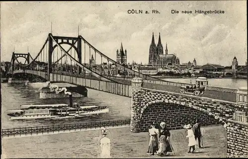 Ak Köln am Rhein, neue Hängebrücke, Passanten, Schiffe, Dom, Auto