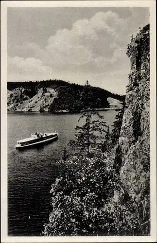 Ak Zoppoten Ebersdorf in Thüringen, Ufer des Stausees der Saaletalsperre, Totenfels, Schiff