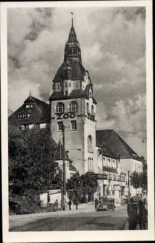 Ak Leipzig in Sachsen, Zoo, Turm, Passanten, Auto