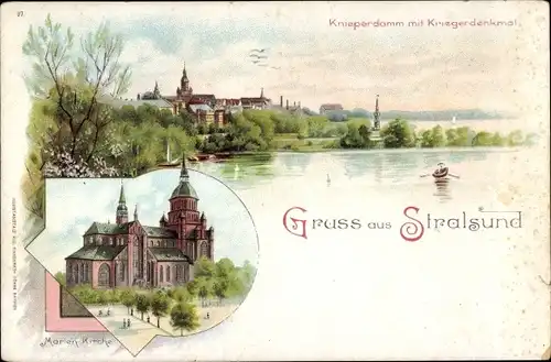 Litho Stralsund in Vorpommern, Knieperdamm, Kriegerdenkmal, Marienkirche