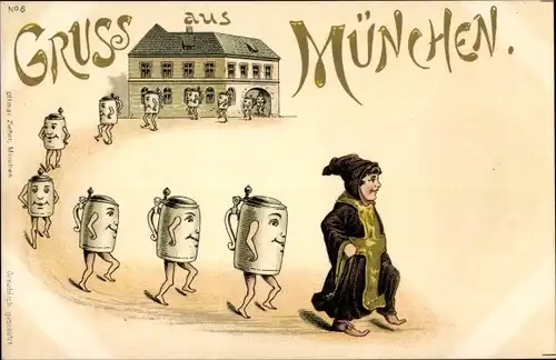 Litho München, Münchner Kindl, vermenschlichte Bierkrüge