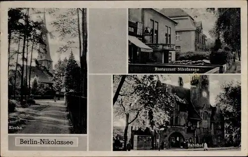 Ak Berlin Zehlendorf Nikolassee, Kirche, Bahnhof, Restaurant Nikolassee, Alemannenstraße 11