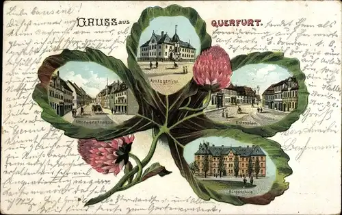 Kleeblatt Litho Querfurt im Saalekreis, Bürgerschule, Amtsgericht, Entenplan, Nebraerstraße