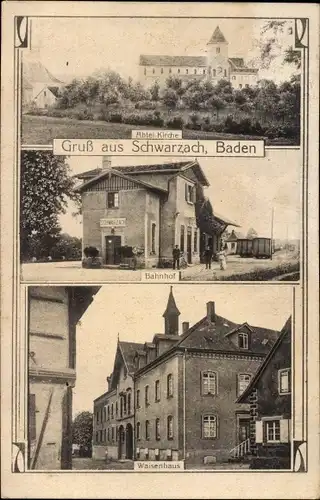 Ak Schwarzach Rheinmünster im Schwarzwald, Abteikirche, Bahnhof, Gleisseite, Waisenhaus