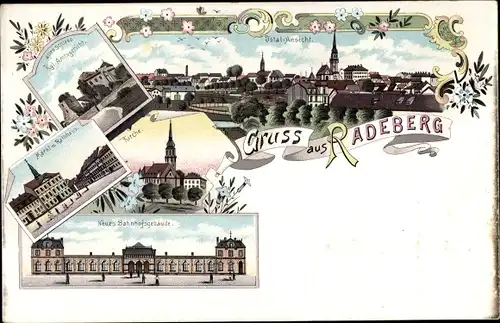 Litho Radeberg in Sachsen, Amtsgericht, Markt, Rathaus, Neuer Bahnhof, Gesamtansicht