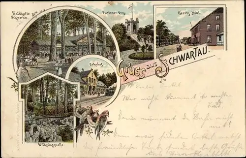 Litho Bad Schwartau in Holstein, Waldhalle, Geerts Hotel, Wilhelmsquelle, Bahnhof, Pariner Berg