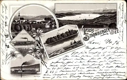 Litho Starnberg am Starnberger See Oberbayern, Panorama, Roseninsel, Dampfer Wittelsbach