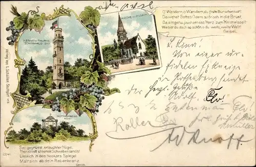 Litho Uhlbach Stuttgart in Württemberg, Kernenturm im Schurwald, Rothenberg, Kirche