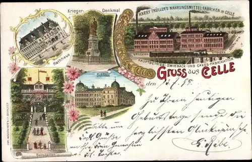 Litho Celle Niedersachsen, Rathaus, Schloss, Denkmal, Berggarten, Nahrungsmittelfabrik Harry Trüller