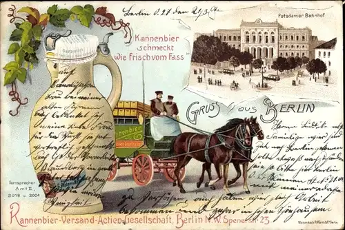 Litho Berlin Tiergarten, Potsdamer Bahnhof, Kannenbier Versand AG, Bierkutsche