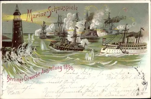 Litho Berlin Treptow, Gewerbeausstellung 1896, Marineschauspiele