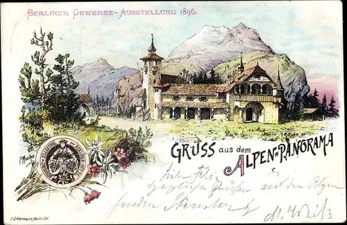 Künstler Litho  Mucha, P., Berlin, Gewerbe Ausstellung 1896, Alpenpanorama