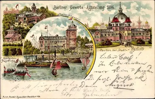 Litho Berlin, Gewerbeausstellung 1896, Marineschauspiel, Gartenbauausstellung, Pavillon der Stadt