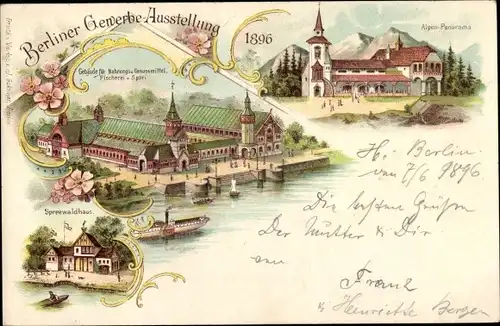 Litho Berlin Treptow, Gewerbeausstellung 1896, Spreewaldhaus, Alpenpanorama, Gebäude für Fischerei