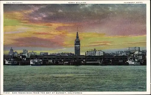 Ak San Francisco Kalifornien USA, Call Building, Ferry Building, Fairmont Hotel, Sonnenuntergang