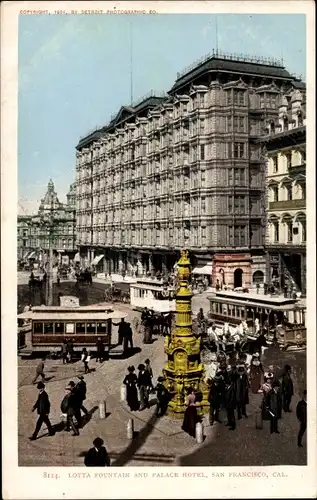 Ak San Francisco Kalifornien USA, Lotta Fountain und Palace Hotel