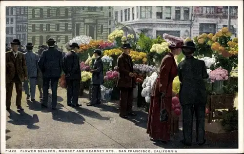 Ak San Francisco Kalifornien USA, Market Street und Kearney Street, Blumenverkäufer