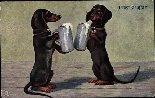 Künstler Ak Zwei Dackel mit Bierkrügen, Bier