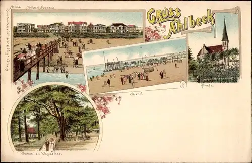 Litho Ostseebad Ahlbeck Heringsdorf auf Usedom, Strand, Seebrücke, Kirche, Försterei