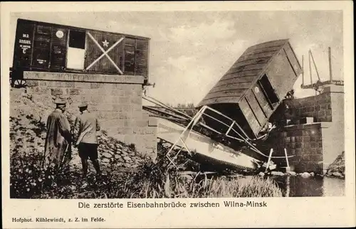 Ak Vilnius Wilna Litauen, Zerstörte Eisenbahnbrücke zwischen Wilna und Minsk, I. WK