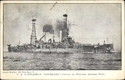 Ak Amerikanisches Kriegsschiff Schlachtschiff USS Louisiana, US Navy, Begrüßung der deutschen Flotte