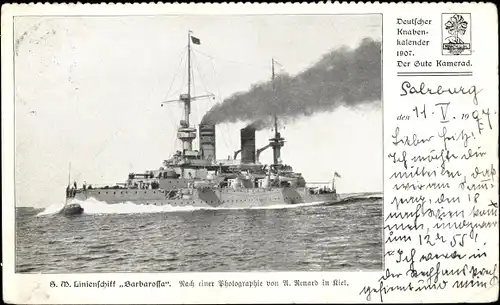 Ak Deutsches Kriegsschiff, SMS Barbarossa, Linienschiff, Kaiserliche Marine