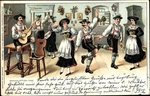 Litho Schuhplattler-Tanz, Tänzer in Tracht, Lederhose, Dirndl