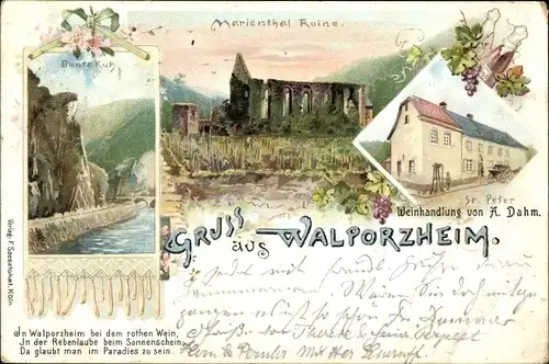 Litho Walporzheim Bad Neuenahr Ahrweiler, Bunte Kuh, Ruine Marienthal, St. Peter, Weinhandlung