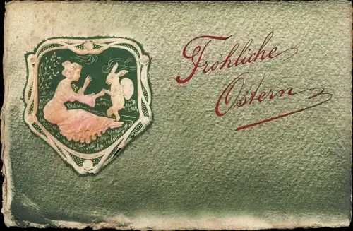 Jugendstil Präge Ak Glückwunsch Ostern, Dame, Osterhase