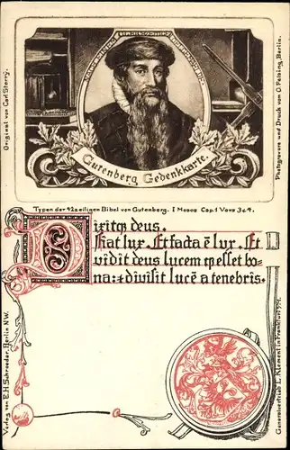 Ak Johannes Gutenberg, Typen der Bibel von Gutenberg, I. Moses Cap. 1 Vers 3 u. 4