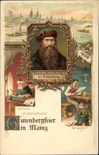 Künstler Litho Mainz am Rhein, Gutenbergfeier 1900, Johann Gensfleisch zu Gutenberg