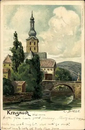 Künstler Ak Biese, C., Bad Kreuznach an der Nahe, Kirche, Brücke